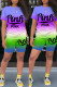 Purple Green Fashion Casual Letter Print Basic O Neck Short Sleeve Two Pieces