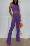 Blue Sexy Solid Hollowed Out Patchwork O Neck Sleeveless Two Pieces