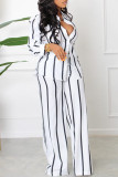 White Fashion Casual Striped Print Patchwork Turndown Collar Long Sleeve Two Pieces