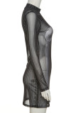 Black Sexy Print Patchwork See-through Half A Turtleneck Pencil Skirt Dresses