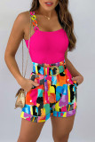Rose Red Fashion Casual Print Patchwork With Belt Spaghetti Strap Sleeveless Two Pieces