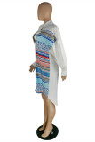 Red Fashion Casual Striped Print Patchwork Shirt Collar Shirt Dress