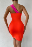 Orange Fashion Sexy Solid Patchwork Backless Contrast One Shoulder Strapless Dress