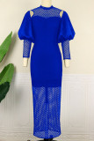 Blue Sexy Elegant Solid Hollowed Out Patchwork O Neck Dresses