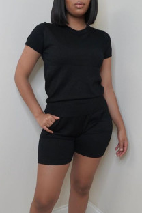 Black Casual Solid Patchwork O Neck Short Sleeve Two Pieces