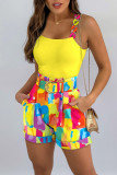 Rose Red Fashion Casual Print Patchwork With Belt Spaghetti Strap Sleeveless Two Pieces