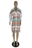 Red Fashion Casual Striped Print Patchwork Shirt Collar Shirt Dress