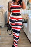 Multicolor Sexy Casual Striped Print Backless Halter Regular Jumpsuits
