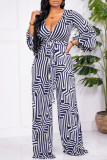 Blue White Fashion Casual Print Patchwork V Neck Regular Jumpsuits