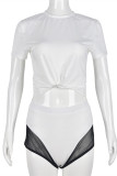 White Fashion Sexy Solid Patchwork See-through O Neck Short Sleeve Two Pieces