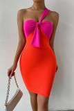 Orange Fashion Sexy Solid Patchwork Backless Contrast One Shoulder Strapless Dress