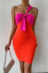 Orange Fashion Sexy Solid Patchwork Backless Contrast One Shoulder Strapless Dress