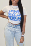 Blue Fashion Casual Letter Print Patchwork O Neck T-Shirts