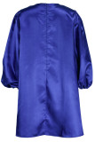 Deep Blue Fashion Casual Patchwork With Bow O Neck Long Sleeve Dresses