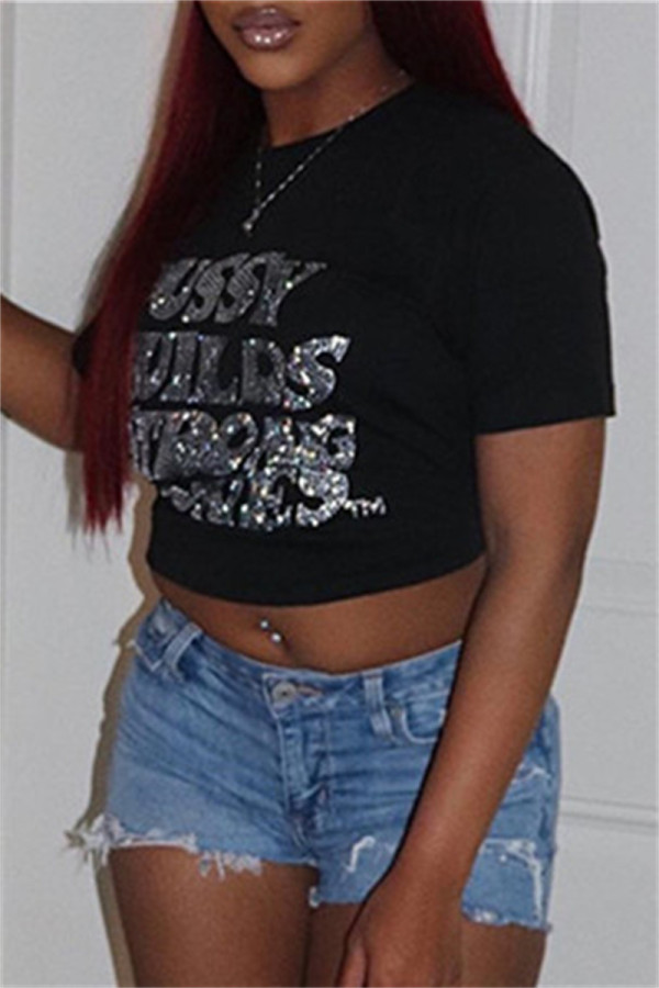 Black Fashion Casual Letter Hot Drilling Patchwork O Neck T-Shirts