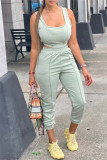 Light Blue Fashion Casual Solid Vests Pants U Neck Sleeveless Two Pieces