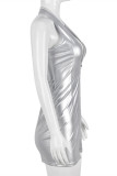 Silver Fashion Sexy Solid Patchwork Backless Halter Sleeveless Dress Dresses