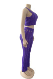 Blue Sexy Solid Hollowed Out Patchwork O Neck Sleeveless Two Pieces