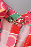 Red Fashion Casual Print Hollowed Out Backless Turndown Collar Tops