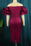 Burgundy Elegant Solid Patchwork Flounce Off the Shoulder One Step Skirt Dresses