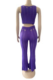 Blue Sexy Solid Hollowed Out Patchwork O Neck Sleeveless Two Pieces