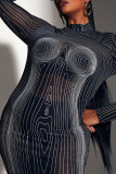 Black Sexy Print Patchwork See-through Half A Turtleneck Pencil Skirt Dresses