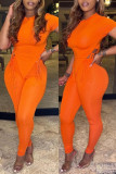 Orange Fashion Casual Bandage Asymmetrical O Neck Short Sleeve Two Pieces