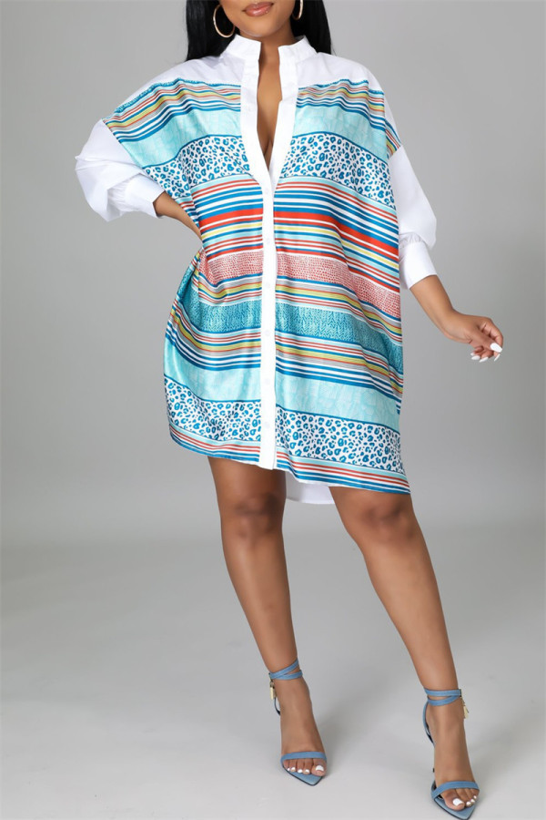 Blue Fashion Casual Striped Print Patchwork Shirt Collar Shirt Dress