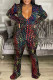 Multicolor Fashion Casual Print Patchwork V Neck Regular Jumpsuits
