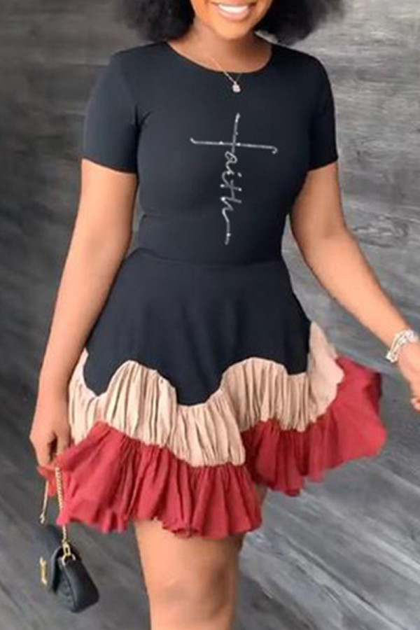 Black Fashion Casual Print Patchwork O Neck Short Sleeve Dress