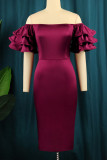 Burgundy Elegant Solid Patchwork Flounce Off the Shoulder One Step Skirt Dresses