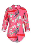 Red Fashion Casual Print Hollowed Out Backless Turndown Collar Tops