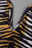 Tiger Pattern Fashion Sexy Print Slit Off the Shoulder Long Sleeve Dresses