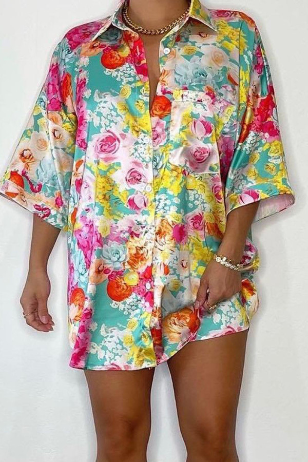 Colour Casual Print Patchwork Buckle Turndown Collar Three Quarter Two Pieces