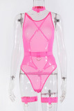 Fluorescent Pink Sexy Solid Patchwork Lingerie