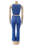 Blue Sexy Solid Hollowed Out Patchwork O Neck Sleeveless Two Pieces
