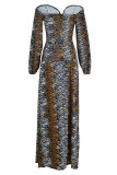 Tiger Pattern Fashion Sexy Print Slit Off the Shoulder Long Sleeve Dresses