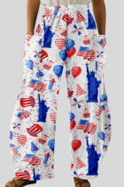 White Casual Print Patchwork Pocket High Waist Straight Full Print Bottoms