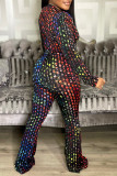 Multicolor Fashion Casual Print Patchwork V Neck Regular Jumpsuits