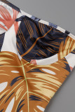 Cyan Sexy Print Patchwork Slit Strapless Sleeveless Two Pieces