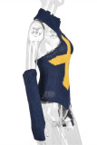 Yellow Fashion Sexy Patchwork Backless Turtleneck Tops (With Sleeve)