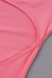 Pink Fashion Sexy Solid Hollowed Out Patchwork Square Collar Long Sleeve Dresses