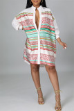 Red Fashion Casual Striped Print Patchwork Shirt Collar Shirt Dress