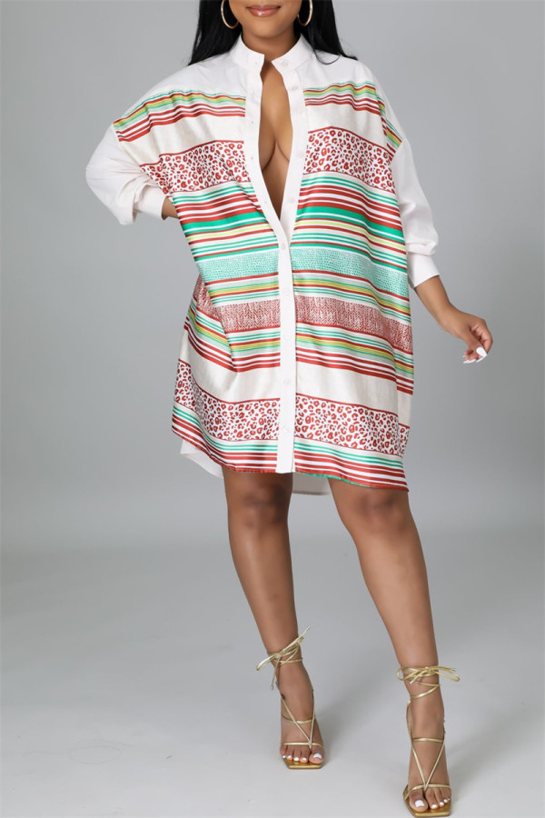Red Fashion Casual Striped Print Patchwork Shirt Collar Shirt Dress