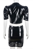 Black Fashion Sexy Solid Hollowed Out Patchwork Draw String Frenulum Turndown Collar Short Sleeve Two Pieces