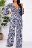 Blue White Fashion Casual Print Patchwork V Neck Regular Jumpsuits