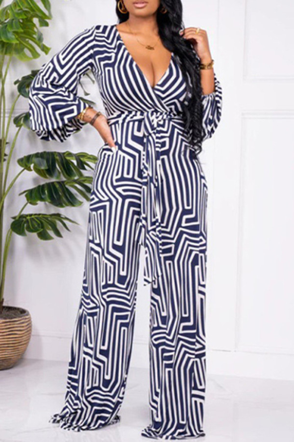 Blue White Fashion Casual Print Patchwork V Neck Regular Jumpsuits
