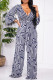 Blue White Fashion Casual Print Patchwork V Neck Regular Jumpsuits