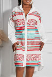 Red Fashion Casual Striped Print Patchwork Shirt Collar Shirt Dress