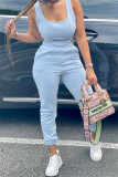 Light Blue Fashion Casual Solid Vests Pants U Neck Sleeveless Two Pieces